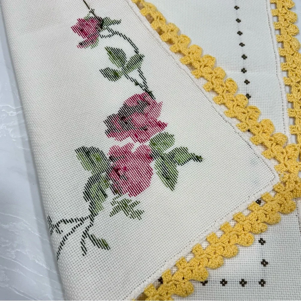 Handmade Floral Cross Stitch Embroidered Floral Accent with Yellow Trim Cottage